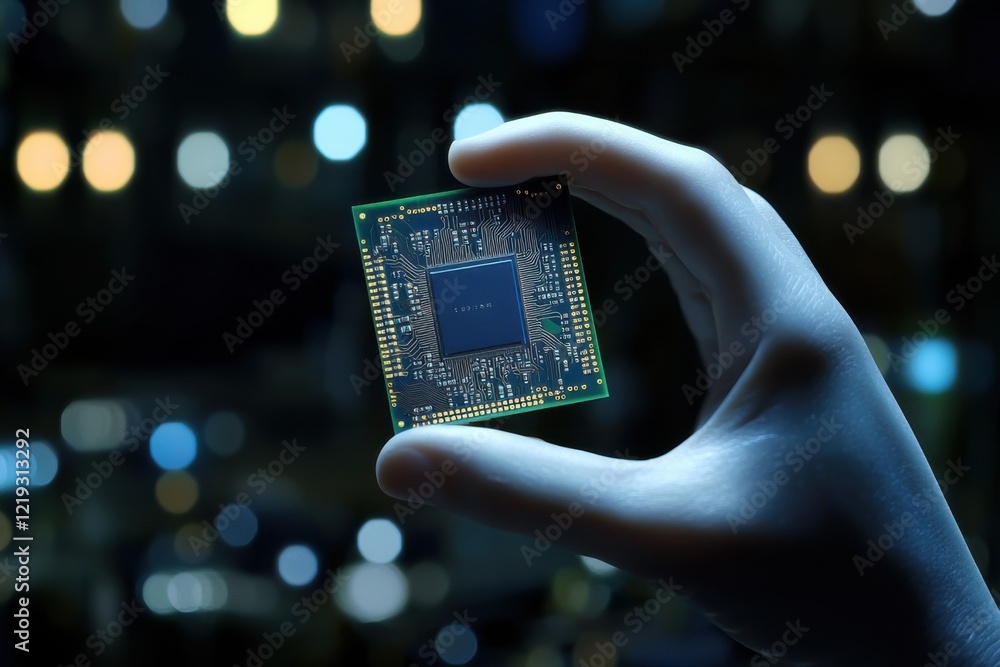Poster hand holding a microchip with illuminated background in a technological setting at night