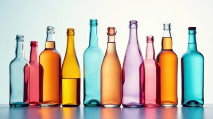 A vibrant collection of colorful glass bottles, showcasing a spectrum of hues and diverse shapes, ready for filling with various beverages.