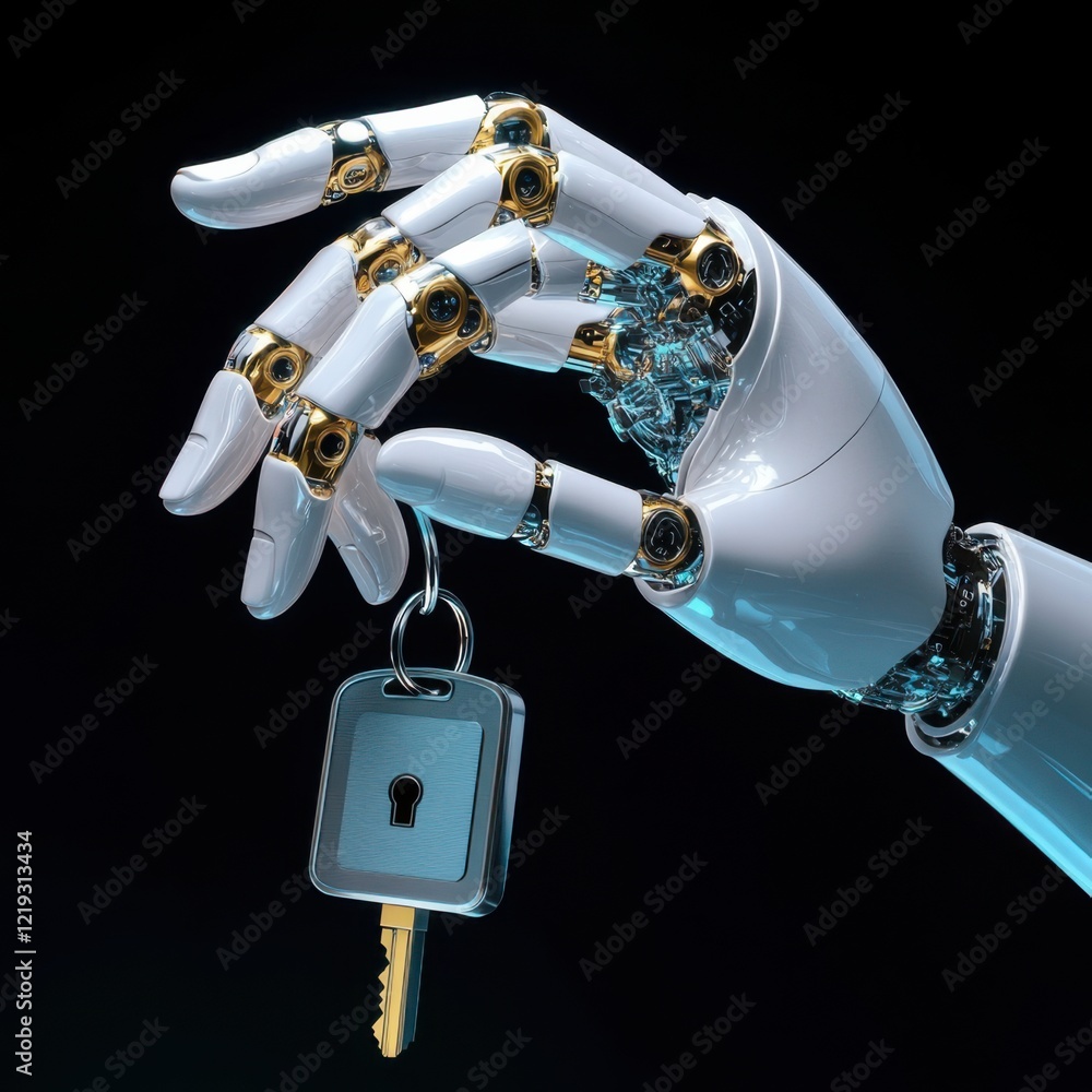 Poster robot hand holding a key as a symbol of security and technology in a digital world