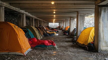Homeless encampment under a city overpass bridge