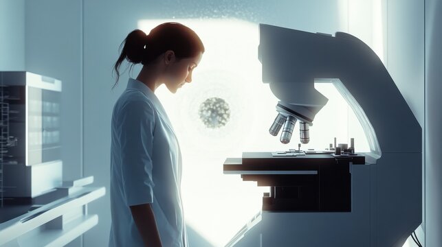 woman in the laboratory room looking into a scanning electron microscope, side view, light, white,