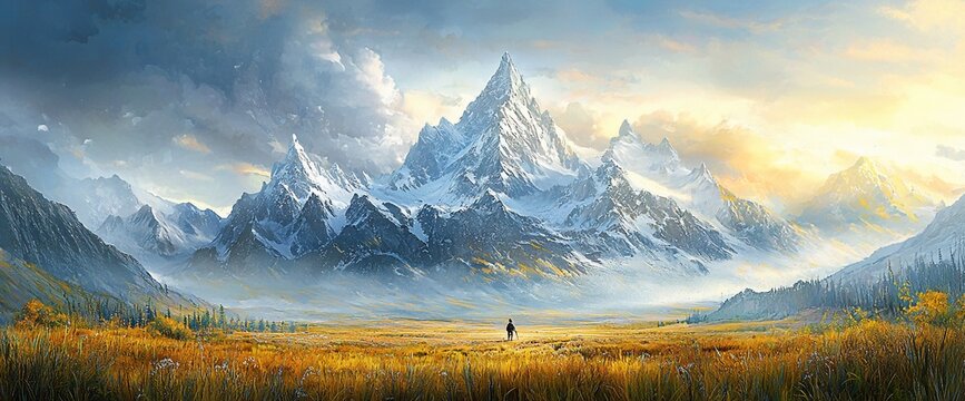 Majestic snow-capped mountains rise above a vast golden meadow, a lone figure stands in contemplation.