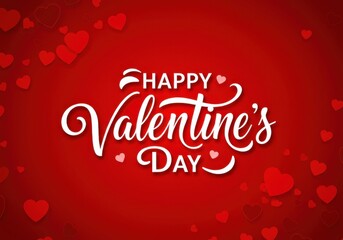 Valentine's Day greeting card, bold white calligraphy, red background, scattered heart shapes, romantic design