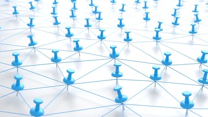 Many thumb tacks also called pushpins connected 3d illustration. Can be used to represent problem solving strategy, connecting dots of a police crime mystery or notepaper reminder analysis system