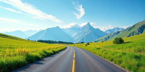 Fototapeta premium Asphalt Road Winding Through Lush Green Meadows Towards Majestic Mountains Under a Summer Sky