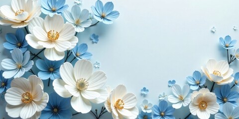 Delicate Paper Flowers Arranged in a Corner Design Featuring Soft Blue and White Hues on a Pastel Background
