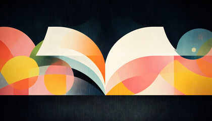 Abstract open book design, colorful geometric shapes background, knowledge concept, educational website banner