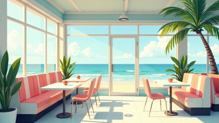 Fototapeta premium Oceanfront Diner Coastal Calm and Retro Charm with Beach Views and Tropical Plants