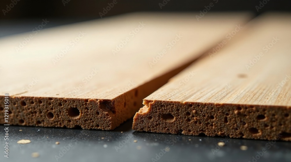 Aufkleber Close-up view of two pieces of porous wood, showing intricate detail of the material's texture and a visible separation between the pieces.