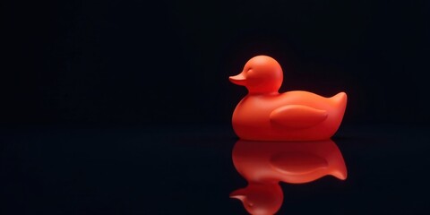 A solitary vibrant orange rubber duck sits on a dark reflective surface, its glossy form creating a striking contrast against the inky background.