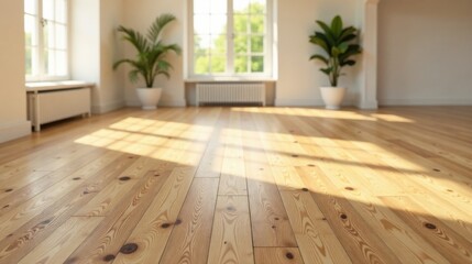 Sunlit Hardwood Floor in a Bright and Airy Room with Potted Plants