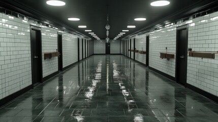 Dark hallway, tiled walls, reflective floor, hotel corridor, suspenseful mood, film scene