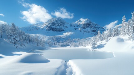 Fototapeta premium Winter Wonderland: Majestic Snow-Covered Mountains and Frozen Lake