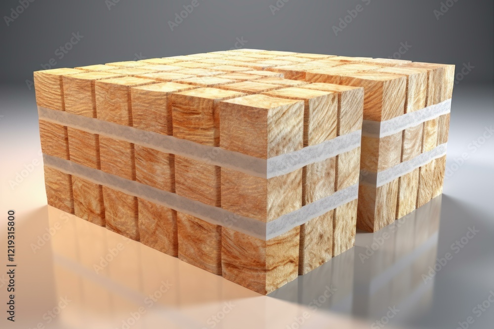 Poster wooden cubes stacked and strapped together, creating a larger rectangular structure, reflecting on a