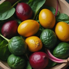 Freshly harvested vegetables arranged beautifully in a bowl on a rustic wooden table. Generative AI