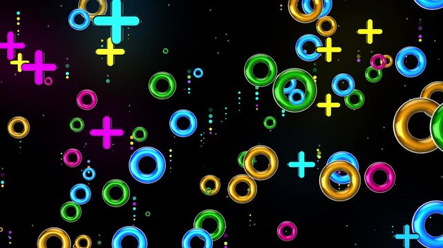 various cute 3d multi-colored plus and circle symbol in flat style flying up. neon glowing. dot particles trail. Digital Art. Computer animation. Modern background. motion design. Loopable.LED 4K