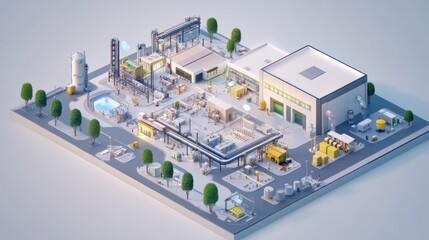 A cute cartoon Style ofA digital factory floor plan displayed on an interactive screen