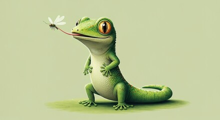 Fototapeta premium Cute cartoon green gecko standing upright on a simple light green background