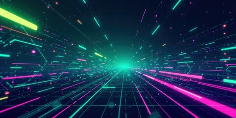 A Futuristic Digital Highway with Vibrant Neon Lines and Glowing Particles Representing a Network of Data Streams and Connections