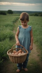 Young girl carrying a basket of freshly collected eggs along a serene countryside path. Generative AI