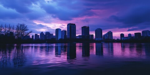 Fototapeta premium City skyline reflections in purpleblueblack floodwaters at twilight
