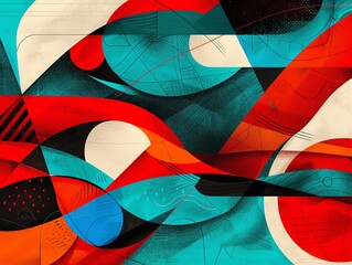 Fototapeta premium Vibrant risograph composition, bold red and turquoise fades, exaggerated geometric shapes with playful layered textures