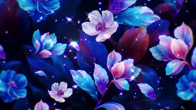 Beautiful colorful fantasy glowing flower and leaves falling. neon petal particles flowing on dark background. for Romantic And Marriage. illustration style. Computer animation. motion design. LED.4K