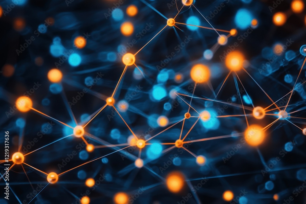 Poster glowing blue circuit board with glowing nodes and connections . an abstract visualization of blockch