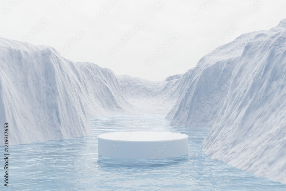 Poster 3d render platform background and empty round stage, ice podium on the frozen lake with ice snow mou