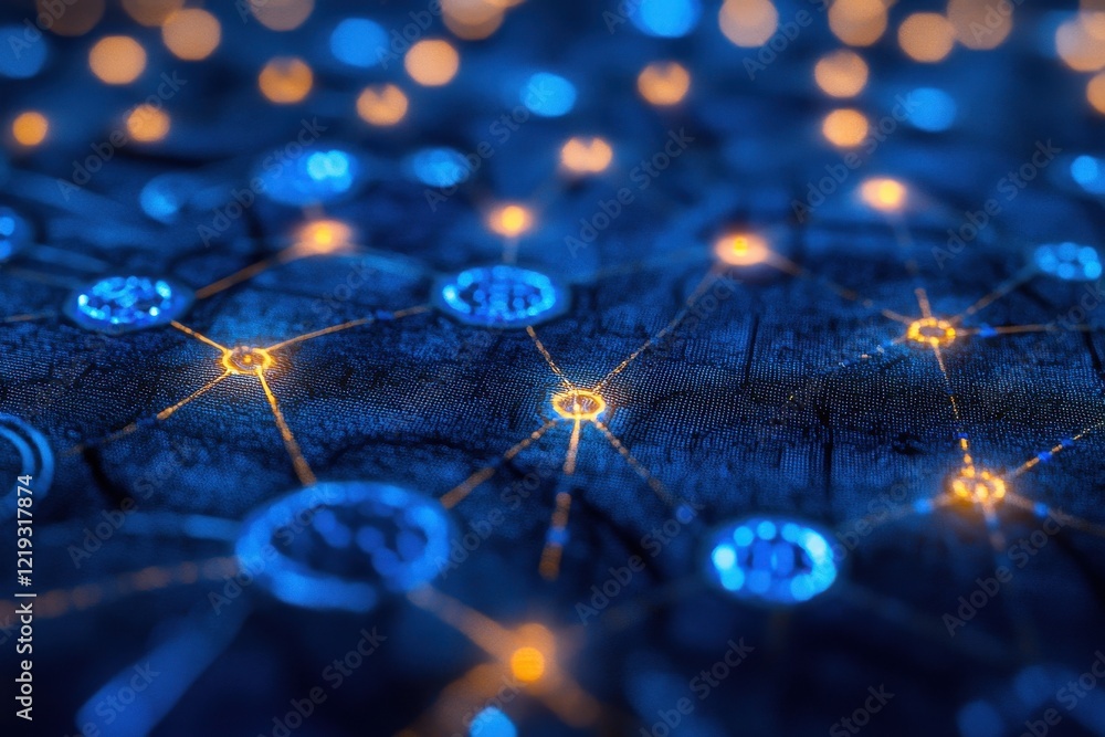 Poster glowing blue circuit board with glowing nodes and connections . an abstract visualization of blockch