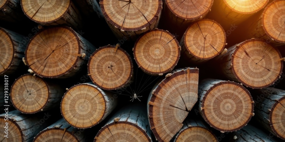 Poster a captivating close-up view of stacked tree cross-sections, revealing intricate wood grain patterns 