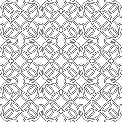 Symmetrical black line art creates a seamless floral and geometric pattern on a white background. Ideal for coloring books, artistic designs, or backgrounds.