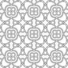 Symmetrical black line art creates a seamless floral and geometric pattern on a white background. Ideal for coloring books, artistic designs, or backgrounds.