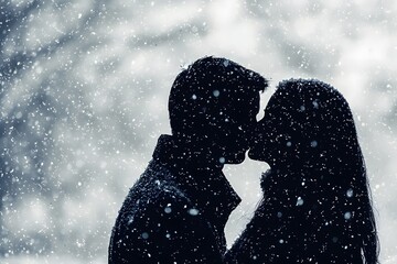 Romantic Couple Silhouetted Against Falling Snow Winter Kiss