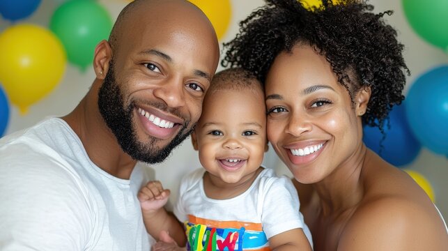 Parents taking a family photo with their toddler at a birthday party filled with bright decorations