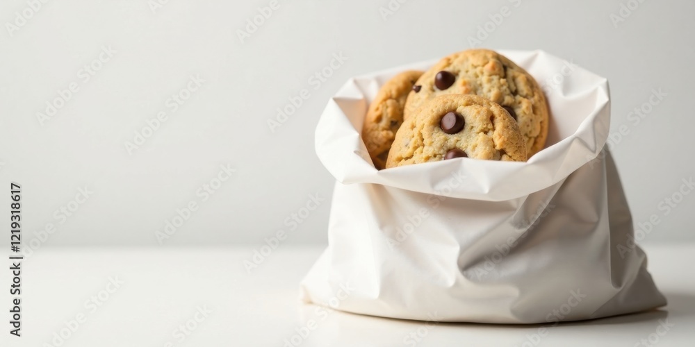 Aufkleber A delightful assortment of freshly baked chocolate chip cookies nestled within a crisp white paper bag, ready to be enjoyed.