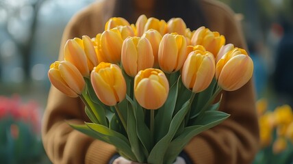 Woman holding a bouquet of yellow tulips at a flower market, floral business and outdoor spring fair, seasonal bouquet trade and gift shopping

