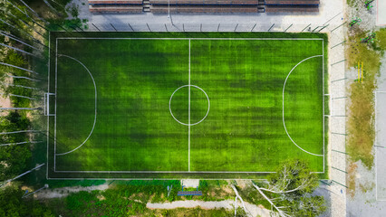 top drone view stadium football field square shape pattern green background sport occupation concept