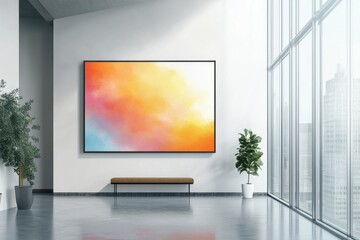Fototapeta premium Modern Art Piece on Wall in Bright Room with Large Windows