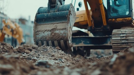 Excavator digging earth, construction site, urban background, industrial work