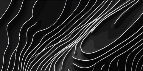 Minimalist Black Background with an Intricate Pattern of Flowing White Wavy Lines: A Modern Abstract Design. Elegant Abstract Design Featuring a Black Backdrop with Contrasting White Wavy Lines