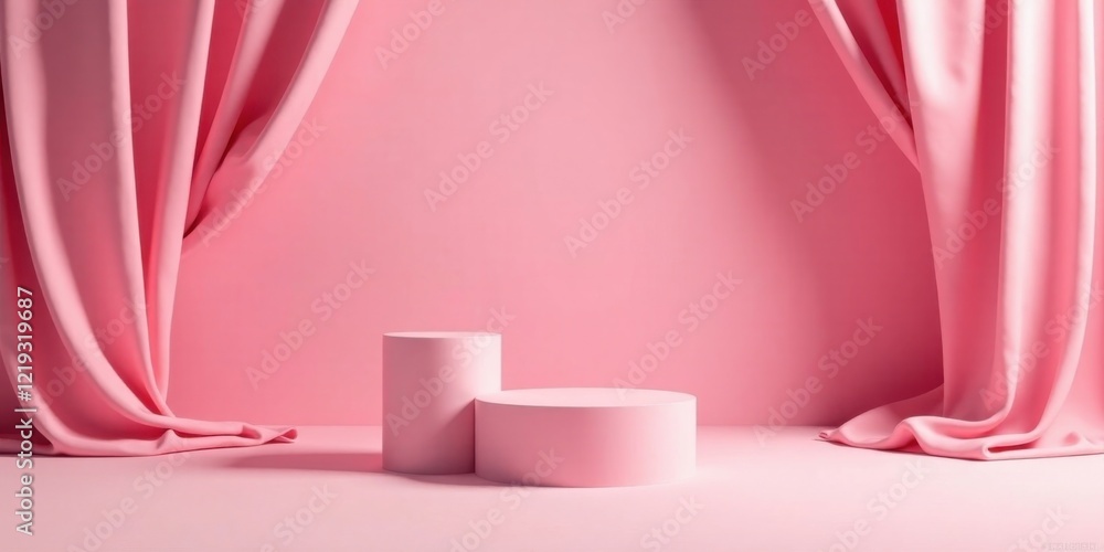 Poster Pink Draped Background with Two Cylindrical Platforms for Product Display