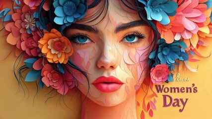 Vibrant illustration of a woman's face surrounded by colorful flowers, celebrating 8 March Women's Day seamless looping overlay 4k video. - Powered by Adobe