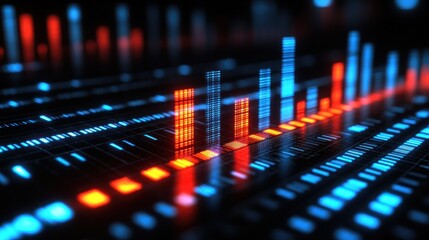 Digital data visualization; glowing bars, futuristic tech background; infographic use