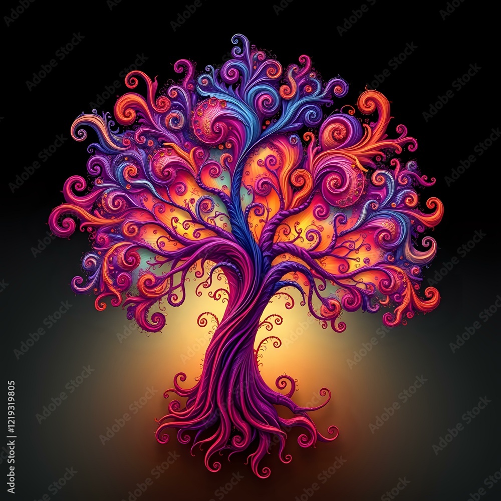 Poster vibrant fractal tree with swirling patterns