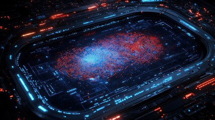 Digital Fingerprint Scan, Futuristic Server, Data Center, Biometric Security