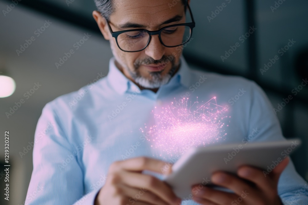 Aufkleber man using digital tablet in a modern office, surrounded by glowing data and technology effects
