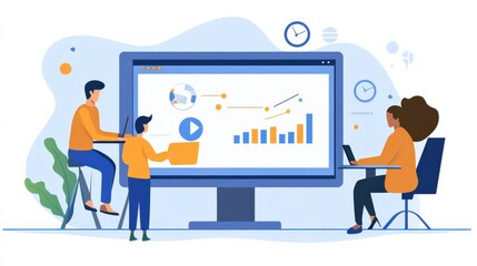Fototapeta premium Collaborative Work Environment with Team Analyzing Data on Large Screen with Graphs and Charts in Modern Office Setting
