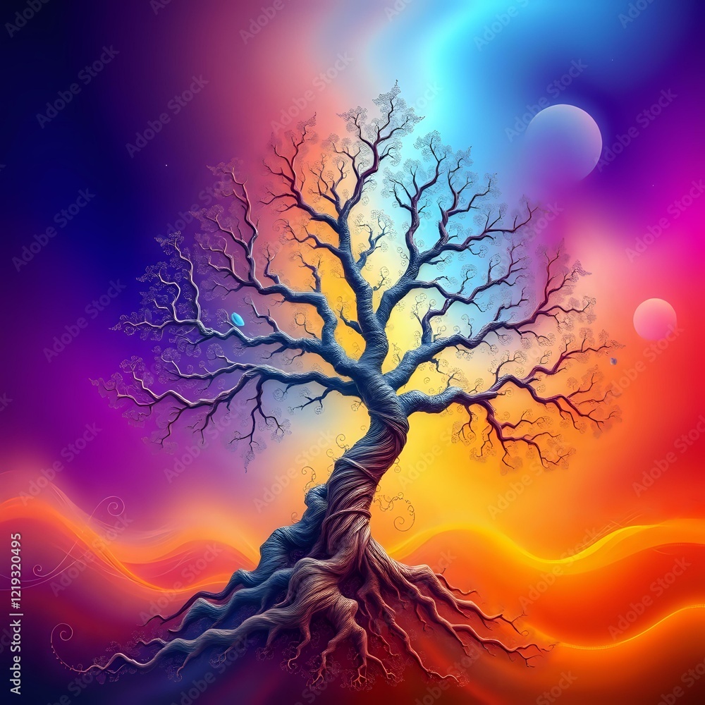 Poster cosmic fractal tree against vibrant gradient sky with floating planets