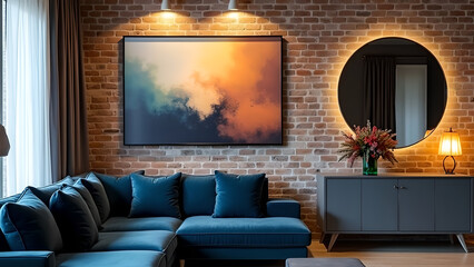 The interior of a modern living room with a dark blue sofa next to a brick wall on which a horizontal poster hangs, in the background you can see a mirror above the cabinet with flowers. 3d render 
